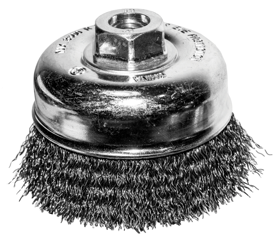 4" WIRE CRIMPED CUP BRUSH, 5/8-11 ARBOR