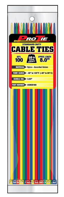 8" ASSORTED COLOR STD DUTY, 100 PACK