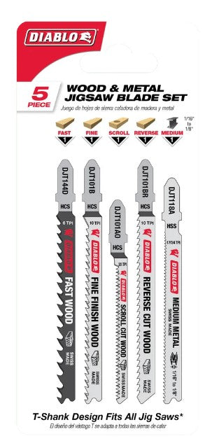 5pc High Carbon Steel/High Speed Steel T-Shank Jig Saw Blade Set