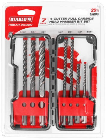 7pc Rebar Demon SDS-Plus 4-Cutter Full Carbide Head Hammer Bit