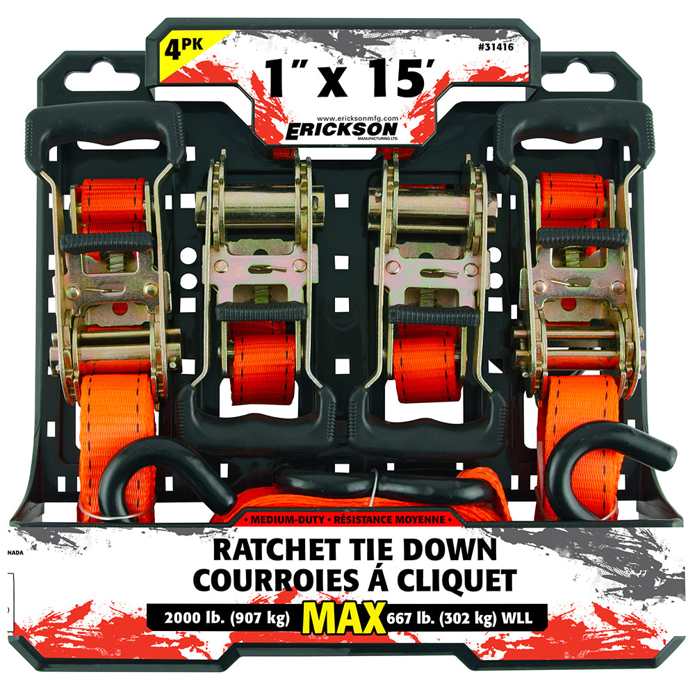 1"X15' 2K RATCHETING TIE DOWNS, 4PK