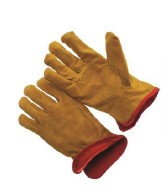 LG - RUSSET LEATHER GLOVES, RED FLEECE LINED