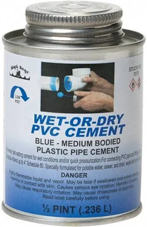 AQUA BLUE 1/2 PINT, WET R DRY PVC GLUE SCREW-ON CAP