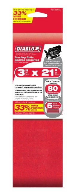 3 in. x 21 in. Sanding Belt 80 Grit (5-Pack)